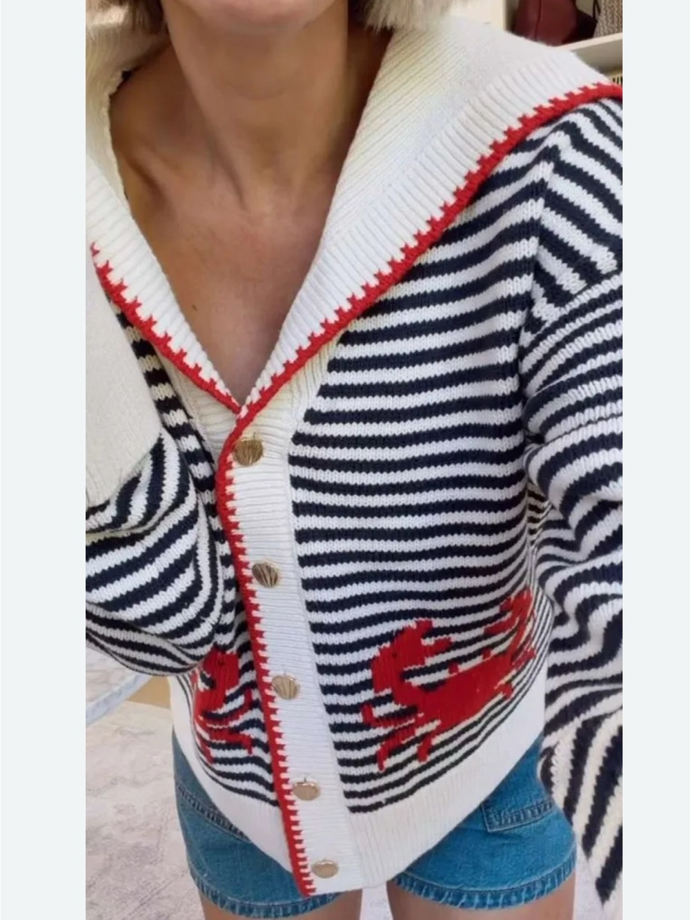 NWT Sold out Abercrombie Striped Navy & White Cardigan with Red Crab Accent Sz M